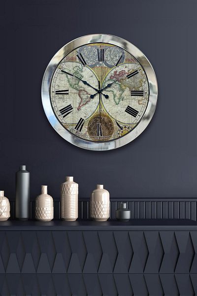 Kasva Concept Gift 36 cm Chrome Metal Map Wall Clock