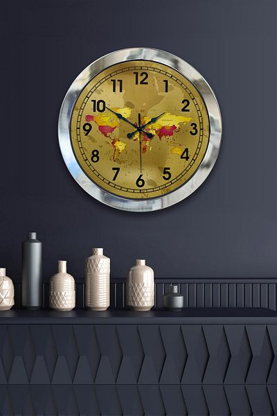 Kasva Concept Gift 36 cm Chrome Metal Map Wall Clock