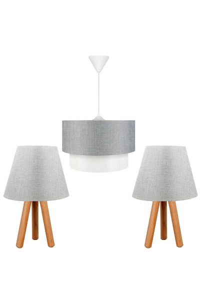EvLight Set of 3 Chandelier and Nightstand Wooden Lampshade Gray