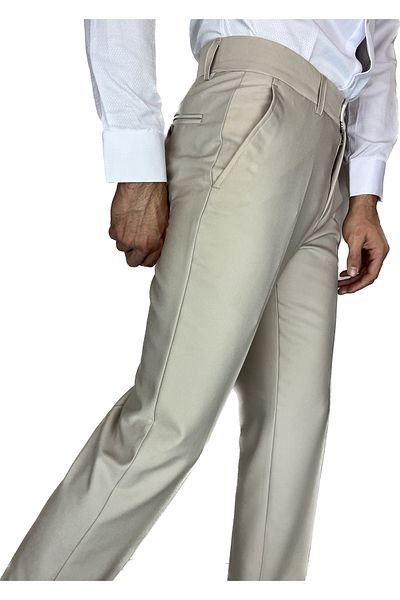 APT PRESTIGE Men's Beige Lycra Classic Fabric Trousers