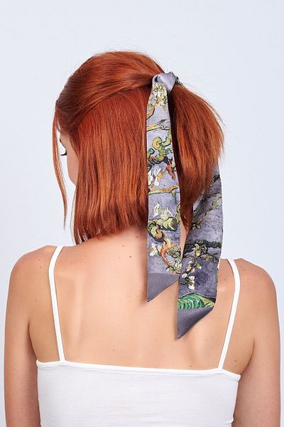 Nomads Felt 100% Silk Twilly Scarf Van Gogh Almond Tree Gray