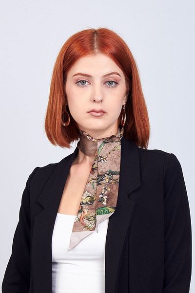 Nomads Felt Silk Twilly Scarf| Beige Van Gogh Almond Tree| Nomads Felt