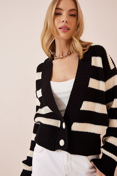 Happiness İstanbul Women's Black Bone V-Neck Striped Knitwear Cardigan FN02970