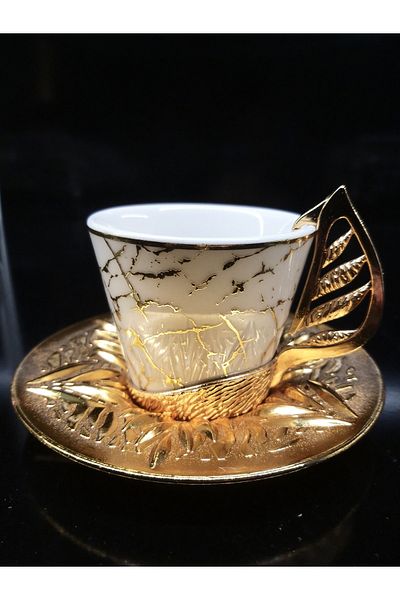 En Ucuz Mağaza Gold / Gold Zamak Metal Coffee Cup Set 6 Person Set 12 Pieces Marble Pattern