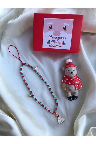 PEONY - peonyofficiall New Year's Enameled White Pine Tree and Bell Detailed Phone Lanyard, New Year's Themed Christmas Phone Charm
