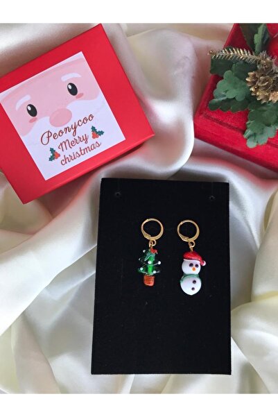 PEONY peonyofficiall Yılbaşı Çam Ağacı Kardan Adam Cam Murano Küpe Kararmaz Altın Kaplama Sallantılı