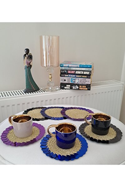 SOUL BY A&B El Örgüsü Pullu Simli 6lı Bardak Tabak Altlığı Gold Mor Mavi Siyah Kahve Sunumu