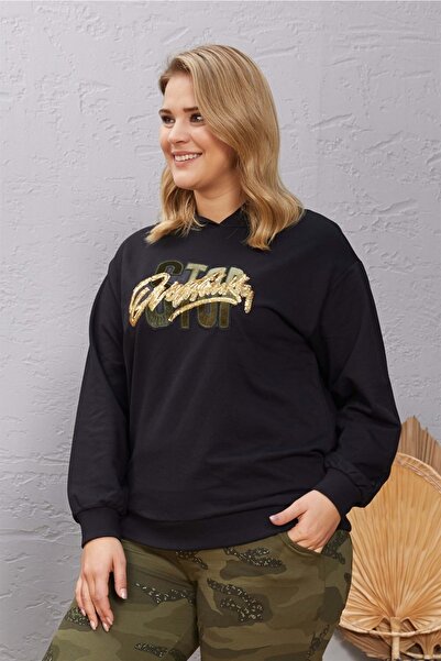 Seamoda Γυναικείο φούτερ με κουκούλα με λεπτομέρεια με κέντημα σε μεγάλο μέγεθος-μαύρο