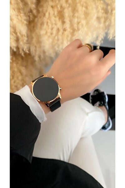 ÇENÇEN Gold Kasa Siyah Hasır Mıknatıslı Kordon Dijital Kadın & Erkek Saati