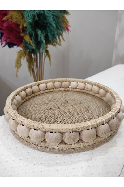 DEKOLOBİ Hasır El Yapımı Ahşap Dekoratif Tepsi 24 Cm