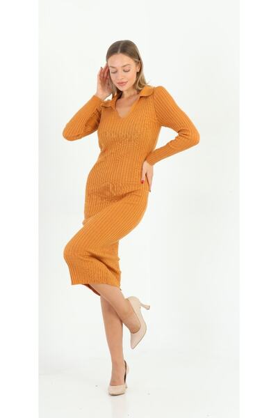 MODA MAÇKA PARK Μουσταρδί κίτρινο ριμπ φόρεμα πόλο με λαιμόκοψη από λύκρα