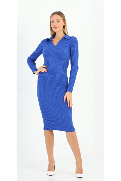 MODA MAÇKA PARK Rochie Saks Blue Si Ribbed Lycra Polo Gât Tricot