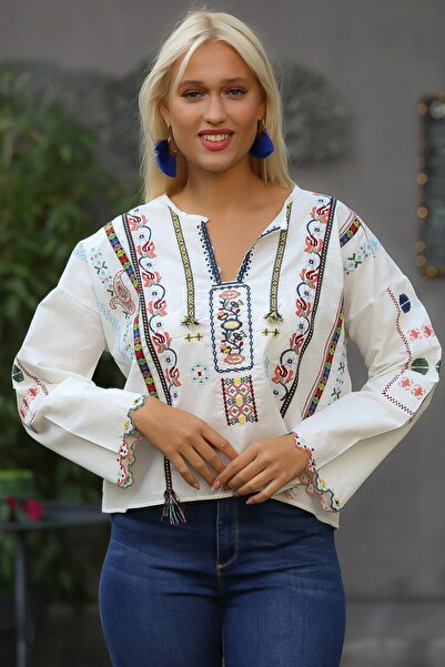 Chiccy White Crew Neck Long Sleeve Embroidered Standard Classic Cotton Woven ...