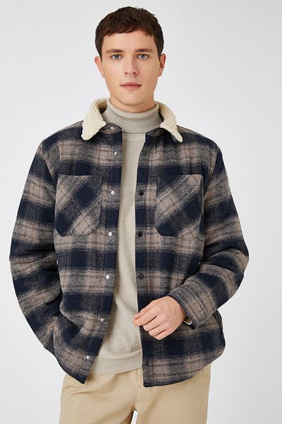 Koton Men's Navy Blue Plaid Jacket 3WAM20170HW