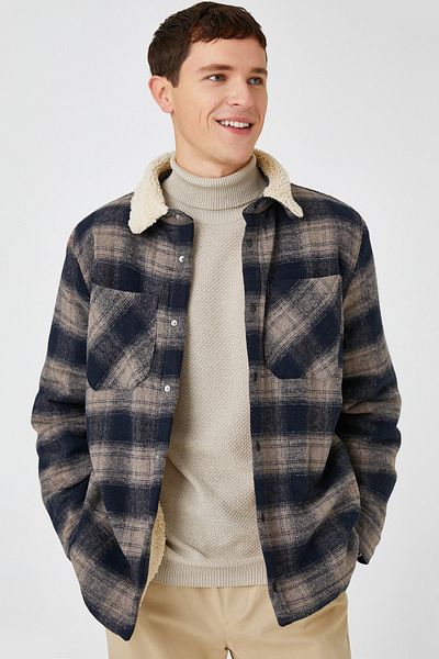 Koton Men's Navy Blue Plaid Jacket 3WAM20170HW