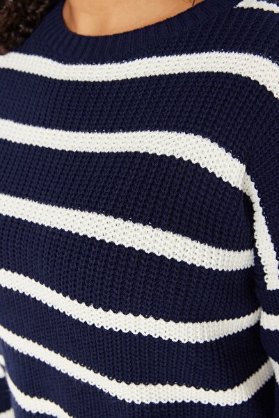 Trendyol Curve Relax Fit Navy Blue Striped Low Shoulder Knitwear Sweater - TBBAW23AN00195