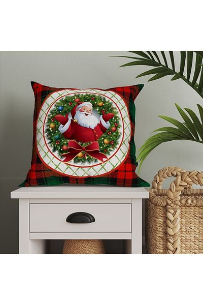 Tataroğlu Dijital Kumaş New Year's Throw Pillow - Plaid Smiling Santa Claus on a Plate