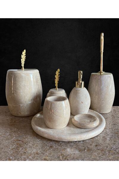 MYM Mermer Yapı Market Tasarım Bej Mermer Yaprak Detay Altın Aparatlı 7'li Ba...