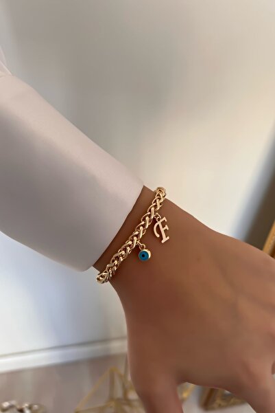 Trendy Butik Kişiye Özel Kalın Zincir Model F Harfli Ve Nazarlı Bileklik