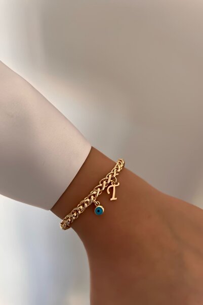 Trendy Butik Kişiye Özel Kalın Zincir Model T Harfli Ve Nazarlı Bileklik