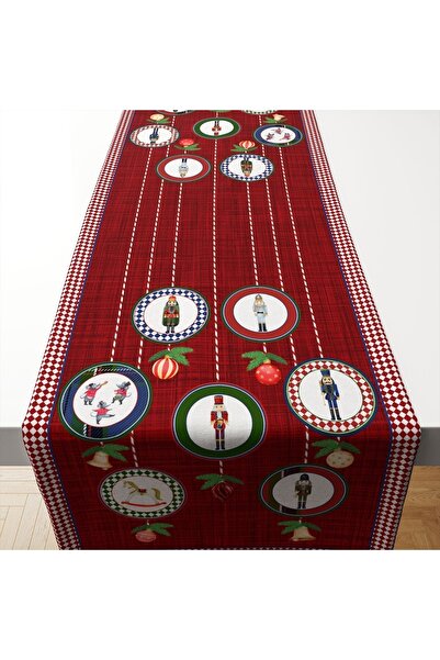 Tataroğlu Dijital Kumaş Bordo Zemin Üzerine Kenarları Dama Desenli Tabaklar Içerisinde Kurşun Asker Motifli Runner