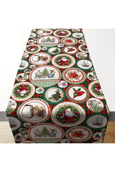 Tataroğlu Dijital Kumaş Ekose Zemin Üzerine Renkli Tabaklar Içerisinde Yılbaşı Motifleri Desenli Runner