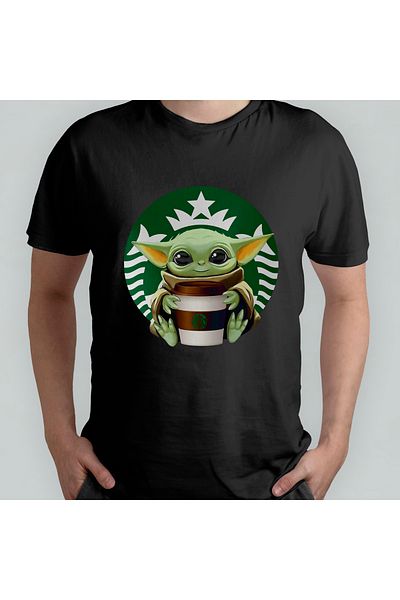 Pixxa Baby Yoda Grogu Starbucks - Μπλουζάκι Mandalorian 100% Cotton Crew Neck