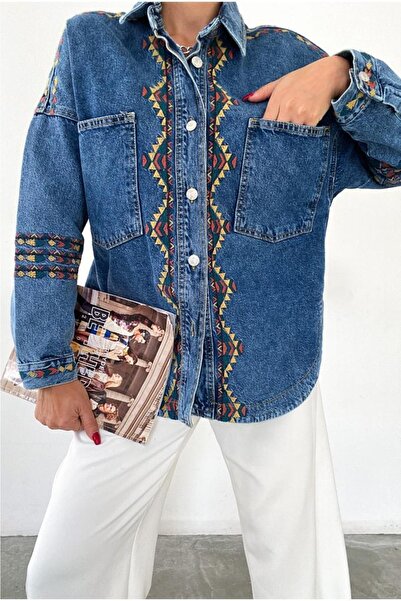 FEMELLE Blugi din blugi de damă, cu buzunar dublu, jachetă cu broderie autentică