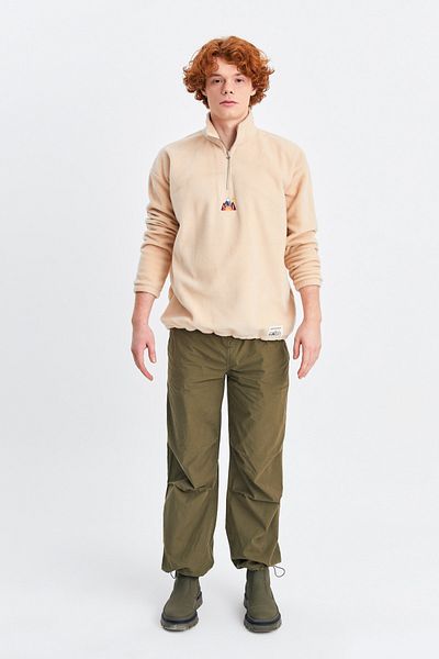Northlight Unisex Beige Alaska Embroidered Stand Collar Half Zipper Oversize Fleece