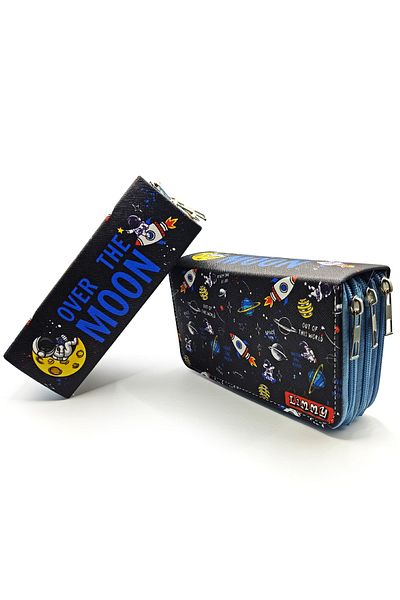 Limmy Trusa pentru creion Astronaut Space Galaxy Kawai Organizator Pen Box din piele vegană Suport stilou cu trei compartimente -albastru