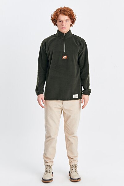 Northlight Unisex Haki Karavan Nakışlı Dik Yaka Yarım Fermuarlı Oversize Polar