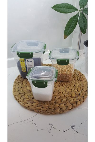 Dünya Plastik Leak Proof Deep Square Storage Container with Gasket Set of 3 Green (575ml-1075ml-1900ml)