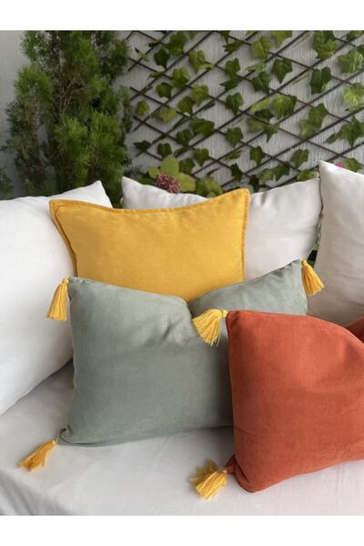 Decamor home Set husă de pernă cu ciucuri din gresie verde galben 3 piese vintage