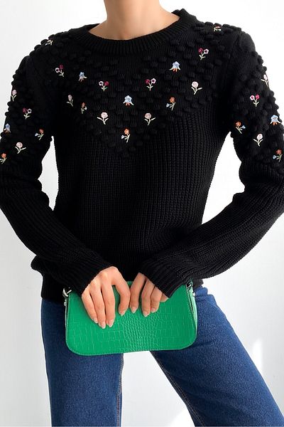 FEMELLE Pulover negru din bumbac cu broderie florală pentru femei (compatibil cu mărimea S și M)