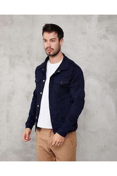 Sporting Men's Navy Blue Lycra Snap Detail Reinforced Raised Denim Jeans Coat