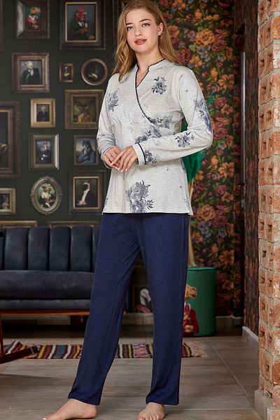 Cossy By Aqua 23028 Women's Black Patterned Double Breasted Collar Large Size Pajama Set