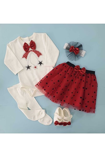 PİLEKİ BABY Kız Bebek Özel Gün Doğum Günü Yıldızlı Fiyonklu Kırmızı Tütü Etek...