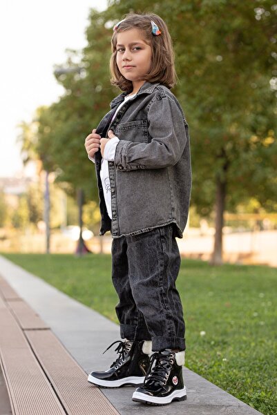 BOUIS Kız Çocuk Beyaz Kürklü Parlak Yüksek Taban Bot Bağcıklı Yarım Postal Soğuk Havaya Dayanıklı