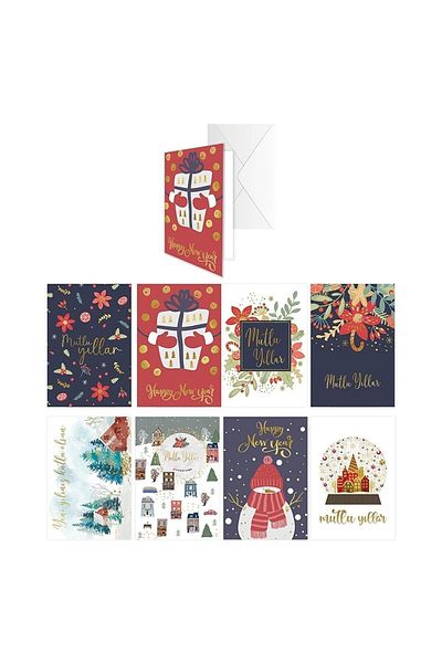 KESKİN COLOR Gilded New Year Card with 2 Envelopes No:2 8 Pieces Mixed
