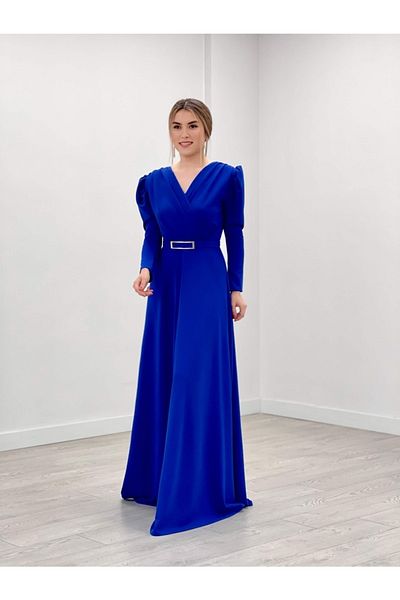 giyimmasalı Crepe Fabric Double Breasted Collar Kiloş Dress - Saks Blue
