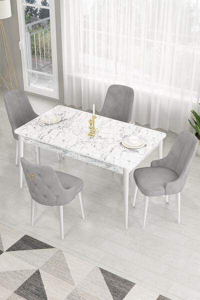 Canisa Lav Serisi, Beyaz Mermer Desen Sabit 80x130 Yemek Masası 4 Gri Sandaly...