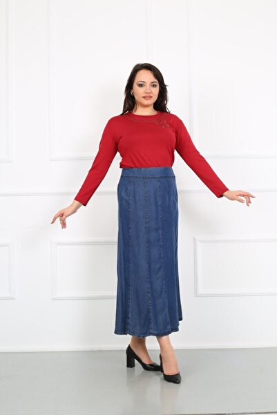 YASEŞA BUTİK Anne Kadın Büyük Beden Rahat Kalıp Parçalı Astarsız Pamuklu Kot Etek