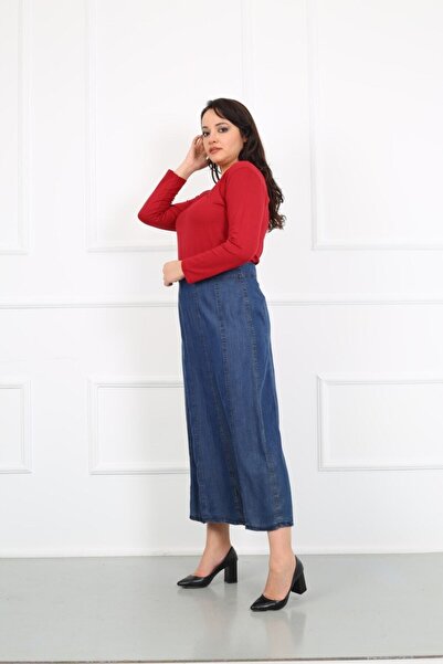 YASEŞA BUTİK Anne Kadın Büyük Beden Rahat Kalıp Parçalı Astarsız Pamuklu Kot Etek