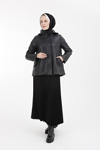 Armine Trend Gizli Fermuarlı Cep Detaylı Kapüşonlu Deri Ceket 22kt502