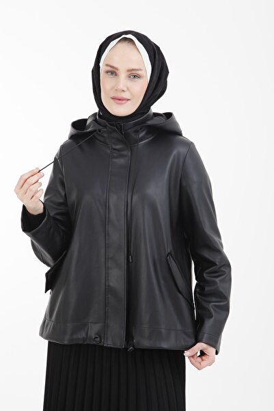 Armine Trend Gizli Fermuarlı Cep Detaylı Kapüşonlu Deri Ceket 22kt502