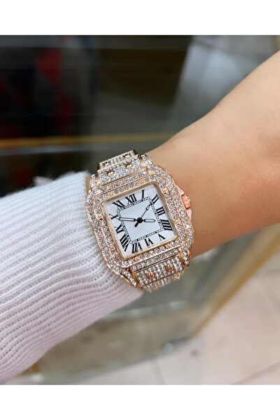 ÇENÇEN Rose Gümüş Vintage Model Full Taşlı Roma Rakamlı Çelik Kasa Çelik Kord...