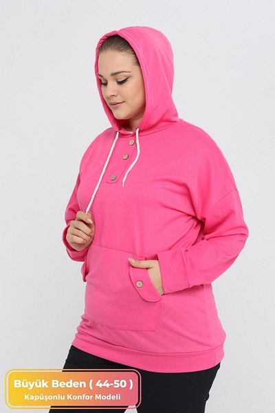 tarzımsüper Women's Plus Size Hooded Kangaroo Pocket Lycra Button Detailed Long Hoodie Sweatshirt Pink