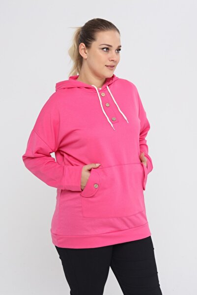 tarzımsüper Women's Plus Size Hooded Kangaroo Pocket Lycra Button Detailed Long Hoodie Sweatshirt Pink