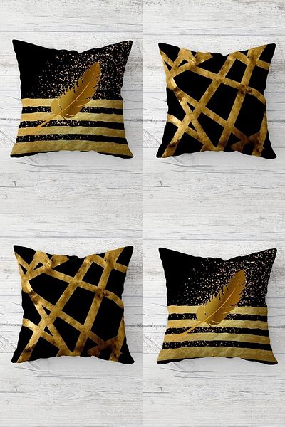 on the clouds Gold Striped and Feather Patterned Concealed Zippered Throw Pillow Cover Sofa Pillow Cover Set (4pcs)