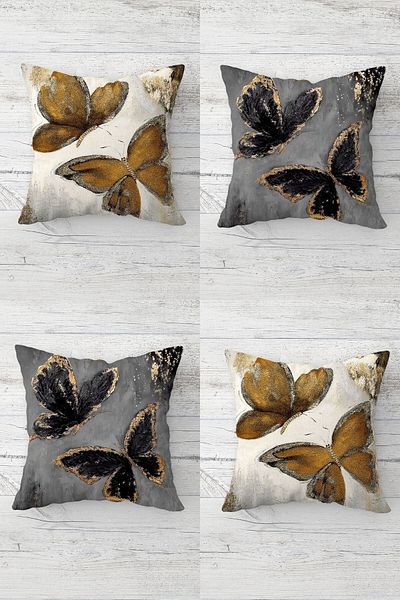 Pelangi Gold Gray Butterflies Themed Hidden Zippered Throw Pillow Cover Sofa Pillow Cover Set (4pcs)